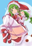  1girl areola_slip bangs blush boots breasts christmas commentary_request dated dress elbow_gloves frog_hat_ornament full_body fur-trimmed_dress fur-trimmed_headwear fur-trimmed_jacket fur_trim gloves green_eyes green_hair hair_between_eyes hair_ornament hat heart jacket kei_jiei kochiya_sanae large_breasts long_hair looking_at_viewer no_panties open_mouth pink_ribbon pom_pom_(clothes) red_dress red_eyes red_footwear red_headwear ribbon santa_dress santa_hat snake_hair_ornament solo thighhighs touhou white_gloves white_thighhighs 
