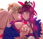  1boy 1girl bangs bare_shoulders blonde_hair blue_eyes blush boy_on_top breast_grab breast_sucking breasts breasts_out closed_eyes colored_nipples crown fascinator feather_boa fire_emblem fire_emblem_engage fishnet_thighhighs fishnets flower gloves grabbing hair_flower hair_ornament half-closed_eyes head_wreath high_collar kissing_shoulder large_breasts light_blush long_hair looking_at_another looking_to_the_side open_mouth pale_skin pink_eyes purple_hair randomxphantom short_hair simple_background thighhighs 