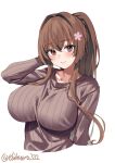  1girl bangs blush breasts brown_eyes brown_hair brown_sweater closed_mouth collarbone ebifurya flower hair_between_eyes hair_flower hair_intakes hair_ornament highres kantai_collection large_breasts long_hair long_sleeves looking_at_viewer one-hour_drawing_challenge ponytail ribbed_sweater simple_background smile solo sweater twitter_username upper_body very_long_hair white_background yamato_(kancolle) 