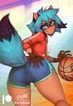  anthro ball basketball_(ball) blue_body blue_fur blue_hair bottomwear brand_new_animal breasts brown_body brown_fur butt canid canine clothed clothing dipstick_tail dragonfu female fully_clothed fur gym_bottomwear gym_clothing gym_shorts hair hand_on_butt hi_res jacket looking_back mammal markings michiru_kagemori raccoon_dog shirt shorts smile solo studio_trigger tail tail_markings tanuki topwear 