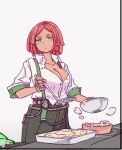  1girl belt bowl breasts brown_belt brown_gloves cleavage cooking dog fingerless_gloves food giovanna_(guilty_gear) gloves green_eyes guilty_gear highres holding holding_bowl ladle parted_lips red_hair rei_(guilty_gear) shirt short_hair solo stove suspenders sweatdrop white_background white_shirt zuizou 