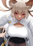  1girl 1other animal_ear_fluff animal_ears arknights bangs black_gloves black_skirt blush breasts carnelian_(arknights) cleavage coat dark-skinned_female dark_skin doctor_(arknights) gino gloves goat_ears goat_girl goat_horns grey_hair heavy_breathing highres holding_hands horns interlocked_fingers large_breasts leaning_forward looking_at_viewer miniskirt open_clothes open_coat pov red_eyes shirt short_hair skirt solo_focus thigh_strap white_coat white_shirt 