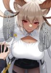  1girl 1other animal_ear_fluff animal_ears arknights bangs black_gloves black_skirt blush breasts carnelian_(arknights) cleavage coat dark-skinned_female dark_skin doctor_(arknights) gino gloves goat_ears goat_girl goat_horns grey_hair heavy_breathing highres holding_hands horns interlocked_fingers large_breasts leaning_forward looking_at_viewer miniskirt open_clothes open_coat pov red_eyes shirt short_hair skirt solo_focus speech_bubble thigh_strap translation_request white_coat white_shirt 