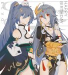  2girls animal_on_shoulder bangs bare_shoulders bird black_dress black_nails blue_eyes braid bridal_gauntlets china_dress chinese_clothes commentary_request detached_sleeves dress dual_persona elvo-.-_(ugo62847033) eyes_visible_through_hair fu_hua fu_hua_(azure_empyrea) fu_hua_(herrscher_of_sentience) gloves grey_hair hair_between_eyes happy_birthday highres honkai_(series) honkai_impact_3rd long_hair long_sleeves multiple_girls nail_polish ponytail red_eyes very_long_hair white_dress white_gloves white_sleeves wide_sleeves 