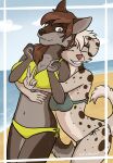  anthro articshock beach big_breasts bikini breasts canid canine canis cleavage clothed clothing domestic_dog duo female female/female hi_res mammal sand seaside small_breasts spots swimwear water wolf 