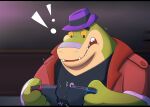  2023 alligator alligatorid anthro biped brok_(character) brok_the_investigator changedbass clothing crocodilian exclamation_point green_body hat headgear headwear hi_res humanoid_hands nintendo nintendo_switch reptile scalie shirt slightly_chubby solo surprise topwear 