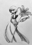  #b7282e 1girl absurdres bangs bob_cut colored_skin commentary_request flat_chest flower full_body gardevoir greyscale highres holding holding_flower lily_(flower) looking_to_the_side monochrome multicolored_skin no_mouth oversized_object partial_commentary pokemon pokemon_(creature) short_hair simple_background solo standing traditional_media two-tone_skin white_background 