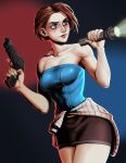  1girl bare_arms bare_shoulders beretta_92 black_skirt blue_eyes blue_tube_top breasts brown_hair cleavage clothes_around_waist collarbone commentary effy_neprin english_commentary fingernails flashlight gun handgun highres holding holding_flashlight holding_gun holding_weapon jill_valentine looking_to_the_side medium_breasts red_lips resident_evil resident_evil_3:_nemesis short_hair skirt solo strapless sweater sweater_around_waist taut_clothes tube_top two-tone_background weapon 