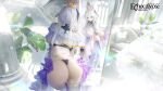  1girl ass back bangs belt bent_over blue_eyes boots breast_hold breasts bridal_gauntlets crown echocalypse highres huge_breasts levia_(echocalypse) long_hair looking_at_mirror mirror official_art ouri_(aya_pine) parted_bangs parted_lips reflection thigh_boots white_hair 