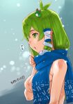  1girl antenna_hair bangs blue_scarf blush body_blush breasts commentary_request dated frog_hair_ornament green_eyes green_hair hair_between_eyes hair_ornament highres kei_jiei kochiya_sanae large_breasts long_hair looking_afar naked_scarf nipples nude open_mouth scarf sidelocks single_hair_tube snake_hair_ornament snow snowing solo touhou upper_body 