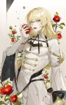  1boy absurdres androgynous apple blonde_hair blue_eyes bon_(bony_53) food fruit highres holding holding_food holding_fruit long_hair long_sleeves looking_at_viewer lucas_proust male_focus open_mouth shirt shuuen_no_virche solo white_background white_shirt 