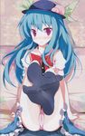  absurdres blue_hair feet food fruit hat highres hinanawi_tenshi long_hair non-web_source oouso panties pantyshot pantyshot_(sitting) peach pink_panties pov_feet red_eyes scan scan_artifacts sitting socks soles solo touhou underwear 