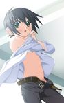  androgynous bare_shoulders belt black_hair blush breasts dress_shirt flat_chest from_below green_eyes kino kino_no_tabi midriff no_panties open_fly rankei reverse_trap shirt short_hair small_breasts solo underboob undressing unzipped 