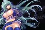  areolae armor asuru_(armor) beltbra breasts earrings garter_straps gloves green_hair hair_ribbon highres huge_breasts jewelry long_hair miwa_yoshikazu monster_hunter navel nipples pubic_hair puffy_nipples ribbon solo thighhighs upskirt 