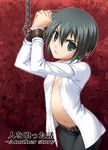  androgynous angry bdsm belt black_hair bondage bound chain cuffs dress_shirt flat_chest frown green_eyes head_tilt kino kino_no_tabi navel no_bra open_clothes open_shirt rankei reverse_trap shackles shirt solo sweat 