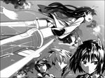  anabuki_tomoko animal_ears bad_id bad_pixiv_id bottomless flying greyscale katou_keiko katou_takeko kuroe_ayaka monochrome multiple_girls ningen_(ningen96) sword tail weapon world_witches_series 