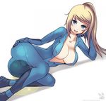  blonde_hair blue_eyes breasts dubiouscharms lying metroid nintendo omorashi peeing samus_aran wetting zero_suit 