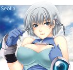  bare_shoulders braid breasts covered_nipples gloves hair_ornament hair_twirling hairclip hiyoshi_hana large_breasts lowres seolla_schweizer silver_hair solo super_robot_wars super_robot_wars_original_generation 