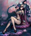  breasts cerberus cleavage commentary cony_(comicsun) demon detached_sleeves eyeshadow fangs flower genderswap genderswap_(mtf) glowing glowing_eyes greek_mythology hades hat high_heels large_breasts legs lipstick long_legs lord_of_vermilion makeup midriff moon pink_eyes pink_hair shoes sitting solo tail teeth thighs water 