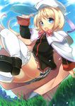  blonde_hair blue_eyes bow cape dutch_angle fang frisbee from_below grass hat is_ii little_busters! noumi_kudryavka pink_bow plaid plaid_skirt school_uniform skirt solo thighhighs 