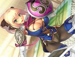  blonde_hair boots breasts cassandra_alexandra cleavage crotch_seam elbow_gloves gloves green_eyes hair_ribbon large_breasts necktie open_mouth panties panties_under_pantyhose pantyhose pink_neckwear ponytail ribbon shield short_hair solo soulcalibur thigh_boots thighhighs underwear yn_red 