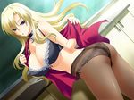  ass blonde_hair bra breasts crotch_seam game_cg kanami_(bishop) large_breasts lingerie long_hair makihara_rieko mizushima_oonari oppai_heart panties panties_under_pantyhose pantyhose side-tie_panties solo underwear undressing 