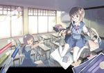  ;d anmi blue_eyes book bow brown_eyes brown_hair chair classroom desk glasses hair_ornament holding long_hair mechanical_pencil multiple_girls one_eye_closed open_mouth original parted_lips pencil pointing rimless_eyewear school_desk school_uniform smile thighhighs white_legwear zettai_ryouiki 