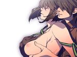  1girl amemiya_rindou areolae bare_shoulders biting breast_grab breast_slip breasts brown_hair closed_eyes ear_biting god_eater god_eater_burst grabbing hetero large_breasts lowres nipples one_breast_out shitsuki_chika short_hair tachibana_sakuya_(god_eater) 