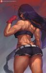 1girl ass bare_shoulders blue_eyes breasts butt_crack commentary cutesexyrobutts dark_skin fingerless_gloves from_behind gloves highres ikkitousen kan&#039;u_unchou large_breasts long_hair looking_at_viewer looking_back muscle pinup purple_hair short_shorts shorts solo standing thick_thighs thighs thong toned underboob very_long_hair 