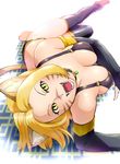  animal_ears bikini blonde_hair breasts bridal_gauntlets cat_ears cleavage fang large_breasts lying on_side open_mouth original solo swimsuit thighhighs ueyama_michirou yellow_eyes 