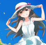  1girl ajino_(sakanahen) alternate_costume arashio_(kantai_collection) artist_name bare_arms bare_shoulders blue_sky bow brown_eyes brown_hair day dress grin hands_on_headwear hat hat_bow kantai_collection long_hair looking_at_viewer outdoors sky sleeveless sleeveless_dress smile solo straw_hat sun_hat sundress teeth upper_body white_dress 