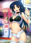  :d absurdres blue_hair breasts choker cleavage covered_nipples dengeki_moeou hand_on_hip highleg highleg_panties highres kazuma_muramasa long_hair medium_breasts midriff name_tag navel one_eye_closed open_mouth original panties scan short_shorts shorts smile solo thighhighs underwear yellow_eyes 