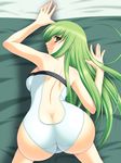  1girl abu all_fours ass back bed bed_sheet blush breasts butt_crack c.c. cc code_geass female from_above green_hair long_hair looking_back sheets smile solo swimsuit top-down_bottom-up yellow_eyes 