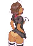  ass bottomless breasts brown_hair closed_mouth dark_skin hood hood_down hoodie looking_back original short_hair sideboob simple_background small_breasts solo striped striped_legwear tan tanline thighhighs white_background yuuji_(and) 