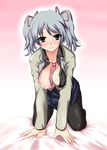  all_fours blue_eyes blush bra breasts candy_boy cleavage hair_ribbon johnny_(from_scratch) kamiyama_sakuya large_breasts lingerie necktie open_clothes open_shirt pantyhose ribbon saliva shirt silver_hair skirt solo sweat tongue twintails underwear 