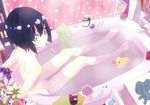  barefoot bath bathing bathtub black_hair blue_eyes blue_hair flower koto_suomi legs mouth_hold nude original rubber_duck short_hair solo thigh_gap water 