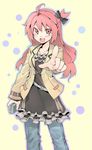  :d casual contemporary copyright_request hair_ornament long_hair morino_hon open_mouth pointing red_eyes red_hair smile solo 