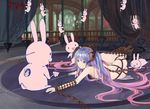  animal_ears arches arrow blue_hair bunny bunny_ears chain chains curtains demon long_hair nude pillar pillars railing strap straps 