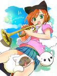  animal_ears ayumu_(pop'n_music) bad_id bad_pixiv_id bird blush cat cat_ears green_eyes instrument kamaboko_red plaid plaid_skirt pop'n_music red_hair short_hair skirt solo trumpet upskirt 