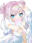  1girl bare_shoulders blue_eyes blush bra candy covering_mouth double_bun flat_chest food gradient_hair hair_bun hand_on_own_head highres holding holding_candy holding_food holding_lollipop jacket lollipop looking_at_viewer medium_hair multicolored_hair off_shoulder open_clothes open_jacket original pink_hair simple_background solo subetehakai swirl_lollipop two-tone_hair underwear upper_body white_background white_bra white_hair white_jacket 