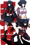  absurdres black_hair blue_eyes boots bow breasts full_body gloves high_heel_boots high_heels highres kekel kill_la_kill kiryuuin_satsuki kneeling long_hair looking_at_viewer looking_to_the_side midriff navel red_bow sailor_collar senketsu short_hair standing suspenders underboob unerboob white_background wide_hips wind 