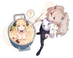  2girls :p ? ahoge animal_ears bad_kim black_pantyhose blonde_hair blush breasts buttons cooking_pot double-breasted earrings food grey_eyes grey_hair hair_ornament hairclip hand_on_hip hololive horns jewelry ladle lion_ears long_hair multiple_girls noodles pantyhose ramen sheep_horns shishiro_botan simple_background sitting skirt smile spoken_question_mark tongue tongue_out tsunomaki_watame virtual_youtuber white_background 