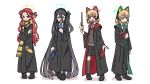  4girls animal_ear_headphones animal_ears aris_(blue_archive) black_hair blonde_hair blue_archive book cat_ear_headphones coat fake_animal_ears full_body halo harry_potter_(series) headphones highres holding holding_book midori_(blue_archive) momoi_(blue_archive) multiple_girls one_side_up red_hair scarf simple_background smile washin white_background yuzu_(blue_archive) 