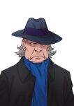  1boy black_coat blue_scarf coat flipped_hair frown grey_hair grey_headwear looking_at_viewer male_focus medium_hair niji2468 old old_man scarf simple_background upper_body white_background yakov_feltsman yuri!!!_on_ice 