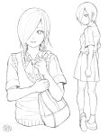  1girl :d bag bangs bow bowtie cropped_torso from_behind full_body greyscale hair_over_one_eye kirishima_touka looking_back monochrome multiple_views nabe-box pleated_skirt shirt_tucked_in shoes short_hair short_sleeves shoulder_bag skirt smile socks standing sweater tokyo_ghoul vest 