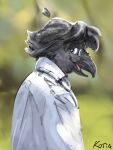  3:4 anthro avian beak bird blurred_background clothed clothing colored colored_sketch corvid corvus_(genus) digital_media_(artwork) feathers hi_res joseph_corbeau kotia male open_mouth oscine passerine raven sketch solo 