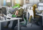  absurd_res alligator alligatorid anthro business_suit clock clothing computer computer_keyboard computer_mouse container cregon crocodile crocodilian crocodylid cup green_body group hi_res ismar lizard male multicolored_body office pens plant redgreendied reptile scalie suit two_tone_body watch white_body wristwatch yellow_body yellow_eyes 