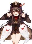  1girl :3 bangs black_headwear black_nails black_shorts blush boo_tao_(genshin_impact) brown_coat brown_hair claw_pose coat coattails flower flower-shaped_pupils genshin_impact ghost hair_flaps hands_up hat hat_branch hat_flower hat_tassel highres hu_tao_(genshin_impact) jewelry leaning_forward long_hair long_sleeves looking_at_viewer mandarin_collar multiple_rings open_mouth plum_blossoms porkpie_hat pudding_cream red_eyes red_flower red_shirt ring shirt short_shorts shorts sidelocks simple_background solo sparkle symbol-shaped_pupils tassel thighs twintails v-shaped_eyebrows very_long_hair white_background 