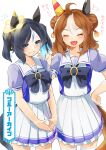  +++ 2girls ahoge animal_ears bangs blue_archive_(racehorse) blue_eyes blue_hair bow bowtie brown_hair character_name closed_eyes collarbone colored_inner_hair commentary_request copano_rickey_(umamusume) cowboy_shot double_bun ear_covers eyes_visible_through_hair fang fidgeting flying_sweatdrops genderswap genderswap_(mtf) gradient_eyes green_eyes grey_hair hair_between_eyes hair_bun halo horse_ears horse_girl horse_tail light_brown_hair medium_hair multicolored_eyes multicolored_hair multiple_girls naik open_mouth original personification pleated_skirt puffy_short_sleeves puffy_sleeves purple_bow purple_bowtie purple_shirt sailor_collar sailor_shirt school_uniform shirt short_hair short_sleeves skin_fang skirt tail thighhighs tracen_school_uniform translated two_side_up umamusume v_arms white_background white_sailor_collar white_skirt 