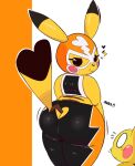  &lt;3 absurd_res anthro beady_eyes big_butt black_body black_bottomwear black_clothing black_eyes black_fur black_pants black_topwear blush blush_stickers bottomwear butt butt_cleavage clothed clothing cosplay_pikachu_(costume) dipstick_ears dipstick_tail eyelashes female fur generation_1_pokemon heart_cutout hi_res huge_butt looking_at_viewer looking_back looking_back_at_viewer markings mask multicolored_ears nintendo orange_background orange_bottomwear orange_clothing orange_pants pants pikachu pikachu_libre pokemon pokemon_(species) rear_view short_stack simple_background smile snaggle_tooth solo sports_mask sportswear supergal64 tail tail_markings thick_thighs topwear white_background wide_hips wrestling_mask yellow_body yellow_fur 